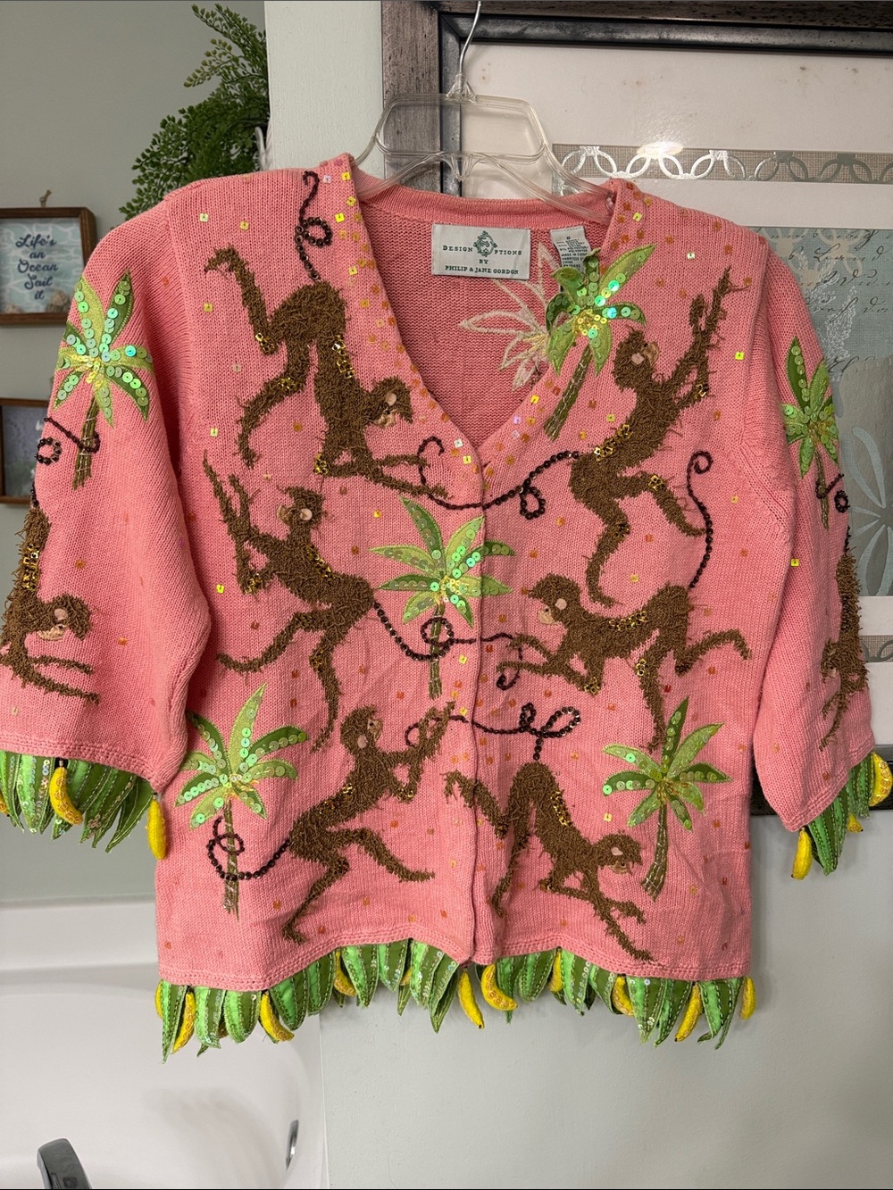 Design Options Philip & Jane Gordon Sweater monkey banana cardigan 1990’s knit